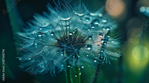 Dandelion seeds in drops of water on a blue and turquoise beautiful background with soft focus. Generative AI.