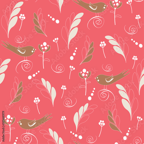 seamless pattern with abstract birds and plants