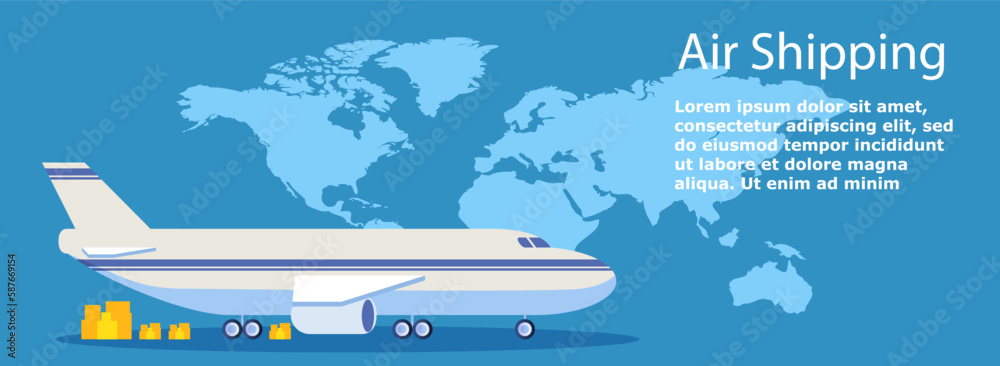 Logistic banner with plane. Transportation of goods, international trade and global business. Import and export of products. Delivery by air service. Cartoon flat vector illustration