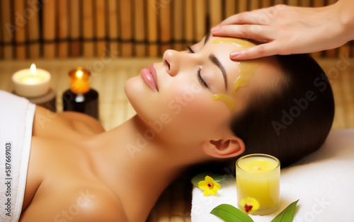 Woman receiving a rejuvenating facial treatment with natural products in a serene spa setting