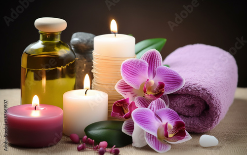 Spa relaxation concept featuring candles  massage oils  stones  and orchids for a tranquil experience.