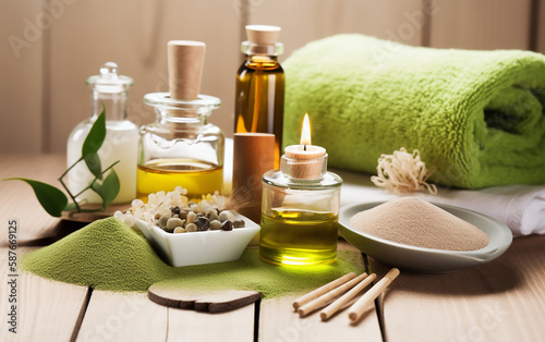 Holistic spa essentials including oils  towels  and aromatic compounds for a rejuvenating experience.