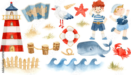 Watercolor nautical elements, lighthouse, sailor boys, seagull and whale