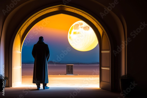 A man stands in front of a mosque at night