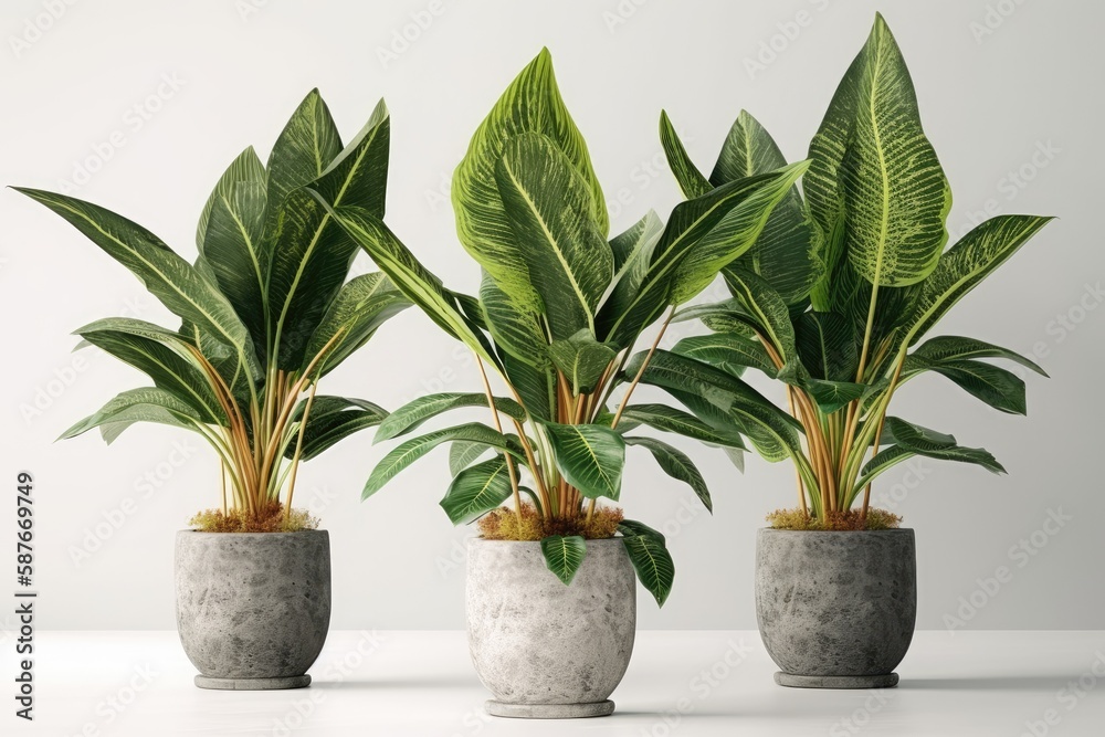 Illustration of three potted plants with lush green leaves. Generative AI