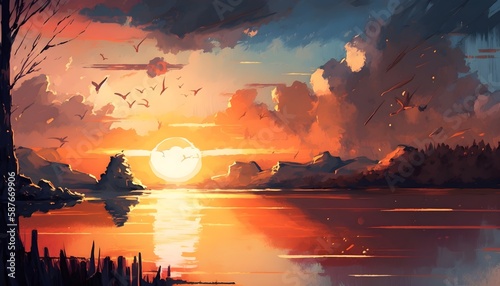 beautiful painting showing sunset on the lake, illustration , Generative AI