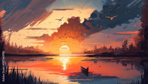 beautiful painting showing sunset on the lake, illustration , Generative AI