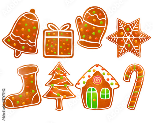 Set of Christmas gingerbread cookies watercolor illustration. Christmas icon