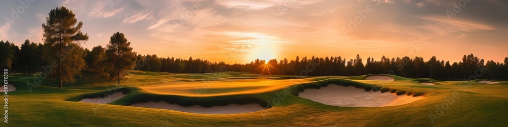 Golf course at sunset with beautiful sky and sand trap. Generative AI. Golf course at sunset with beautiful sky and sand trap. Generative AI.