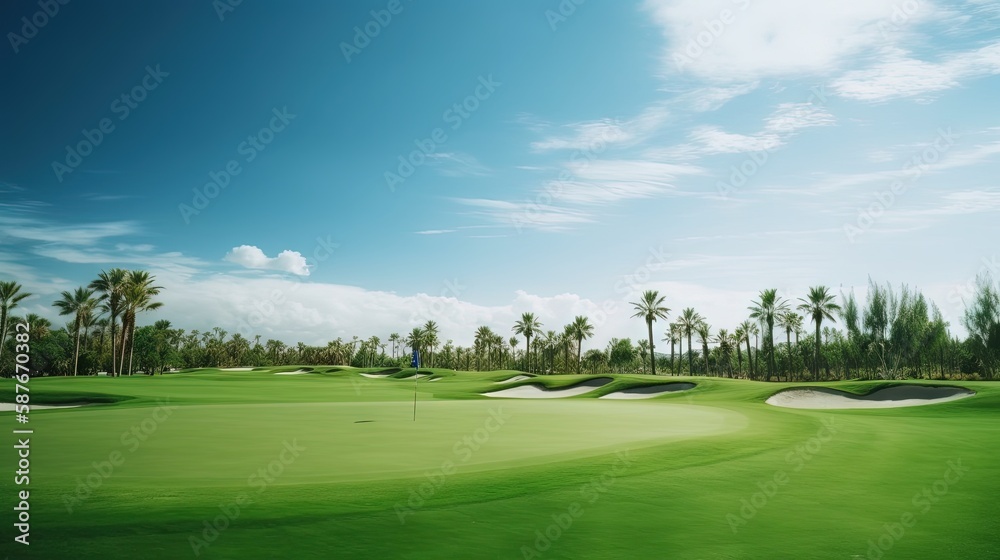 Scenic Golf Course with Palm Trees and Blue Sky. Generative AI.