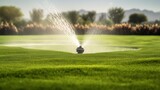 Close-up of Irrigation System Sprinkler on Golf Course. Generative AI.