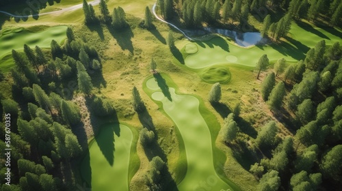 Aerial View of Golf Course  Forest  and Lake. Generative AI.