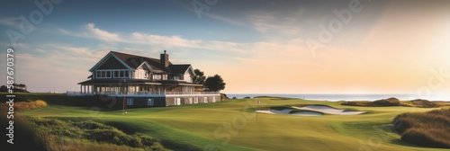 Golf Course with Clubhouse Overlooking the Ocean. Generative AI. photo