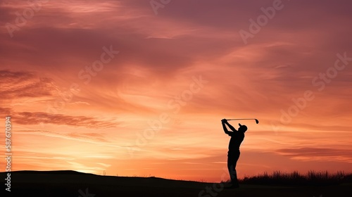 Silhouette of a golfer throwing a swinging club against a stunning sunset sky. Generative AI.