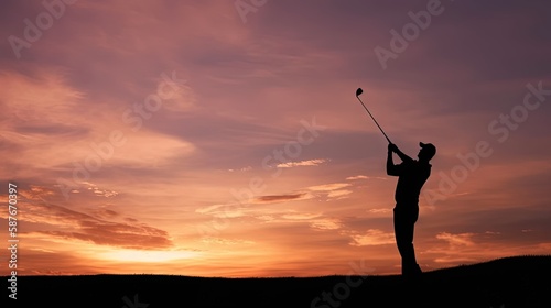Silhouette of a golfer throwing a swinging club against a stunning sunset sky. Generative AI.