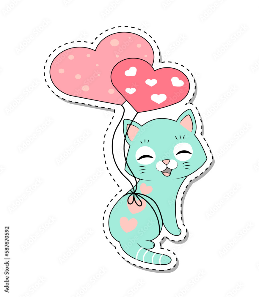 Blue kitten with balloons. Caty cat sticker for valentine. Poster or banner for website. Love, tenderness and care. Cute pet with hearts. Cartoon flat vector illustration