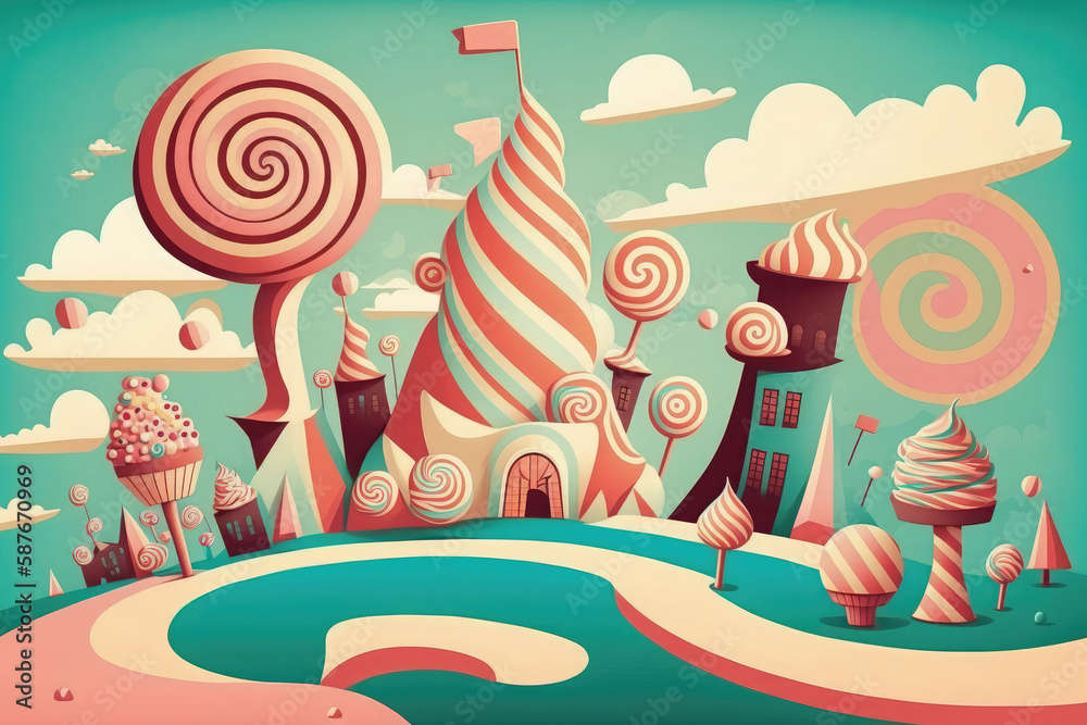 Cartoon illustration of a sweet town with lollipops trees and candy houses. Generative AI Cartoon illustration of a sweet town with lollipops trees and candy houses. Generative AI