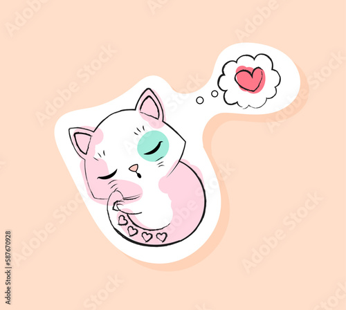 Cat dreaming sticker. Pink kitten lies and sleeps. Recuperation and rest. Comfort and coziness. Graphic element for social networks and messengers. Cartoon flat vector illustration