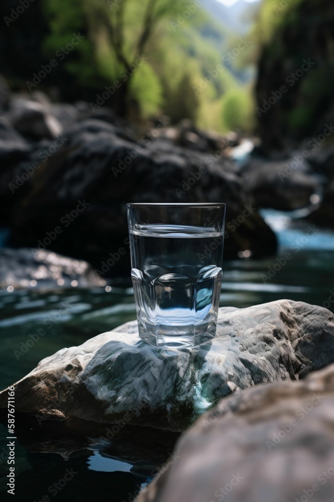 Un verre d'eau de source posé sur une pierre près d'une rivière, montagnes en arrière plan. Illustration ia générative 6