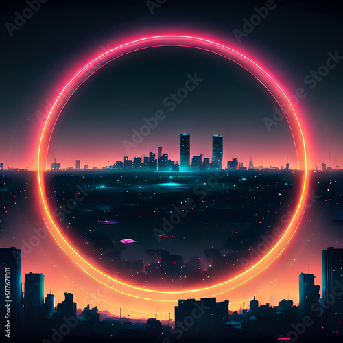City skyline at night, illustration, neon, mid circle, background. Generative AI