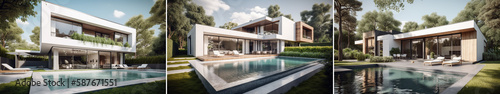 Modern house with swimming pool, exterior view. Set of three houses. Generative ai and digital editing. © angelo sarnacchiaro