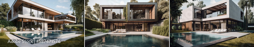 Modern house with swimming pool, exterior view. Set of three houses. Generative ai and digital editing. © angelo sarnacchiaro