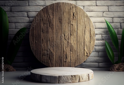 Wooden podium in rustic style, platform for product presentation with green leaves on background. Generative AI.