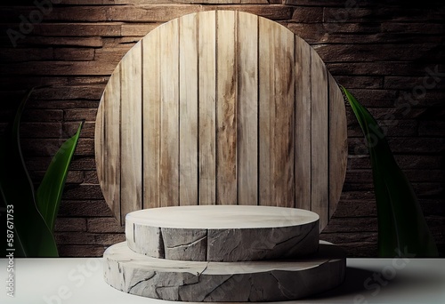 Wooden podium in rustic style, platform for product presentation with green leaves on background. Generative AI.