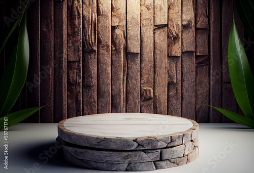 Wooden podium in rustic style, platform for product presentation with green leaves on background. Generative AI.