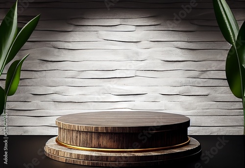 Wooden podium in rustic style, platform for product presentation with green leaves on background. Generative AI.