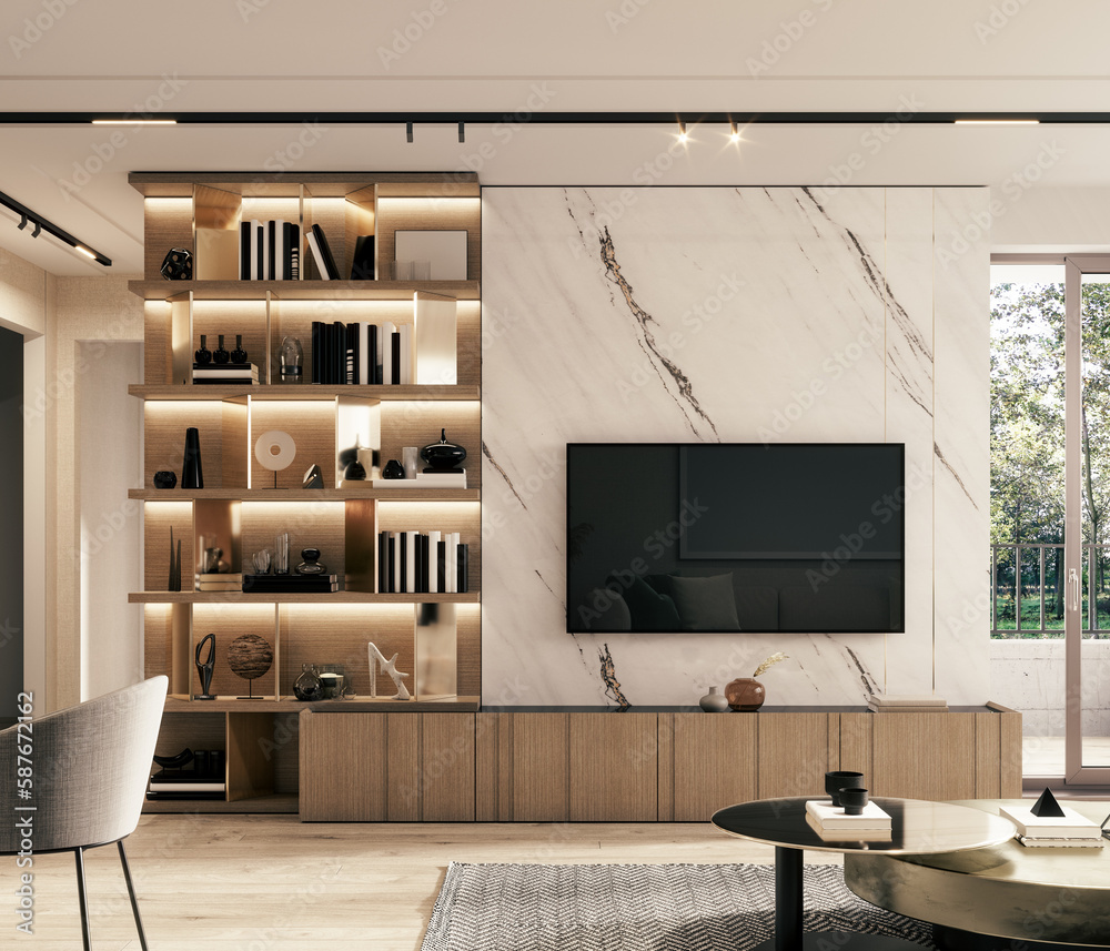 Modern marble TV wall with bookshelf. Home interior design. 3D Rendering,  3D Illustration Stock Photo | Adobe Stock