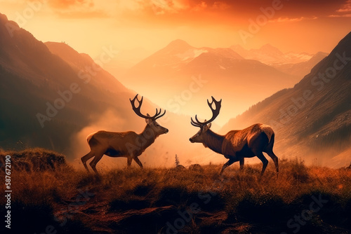 2 Deers with big antlers face to face in rutting season with dramatic view of mountain landscape in background. Generative AI.