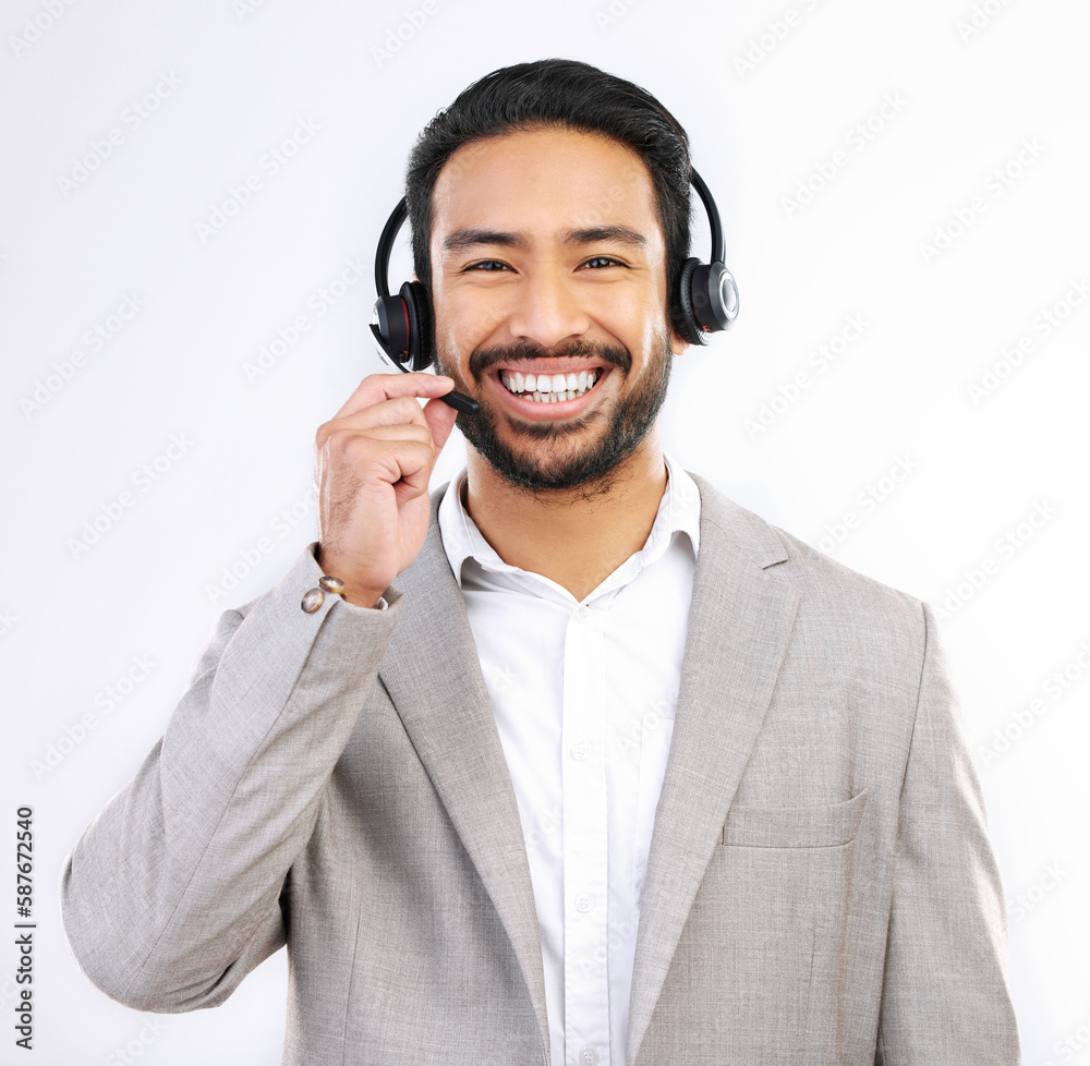 Customer support consulting, face portrait and happy man telemarketing on contact us CRM or telecom. Call center communication, funny studio laugh or male sales consultant talking on white background Customer support consulting, face portrait and happy man telemarketing on contact us CRM or telecom. Call center communication, funny studio laugh or male sales consultant talking on white background