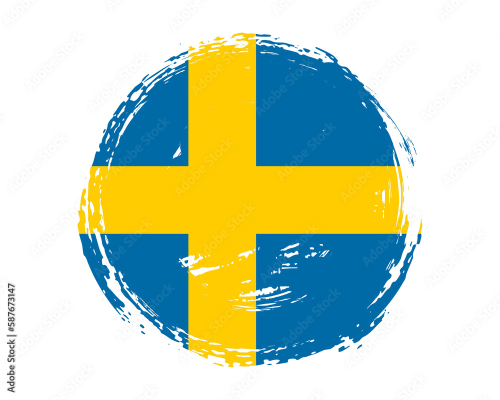 Circular hand painted textured brush flag of Sweden country with plain solid background Circular hand painted textured brush flag of Sweden country with plain solid background