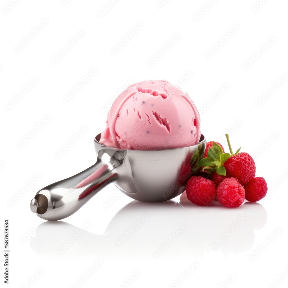 Scoop of pink ice cream in a silver bowl with a few raspberries on the side. Scoop of pink ice cream in a silver bowl with a few raspberries on the side.