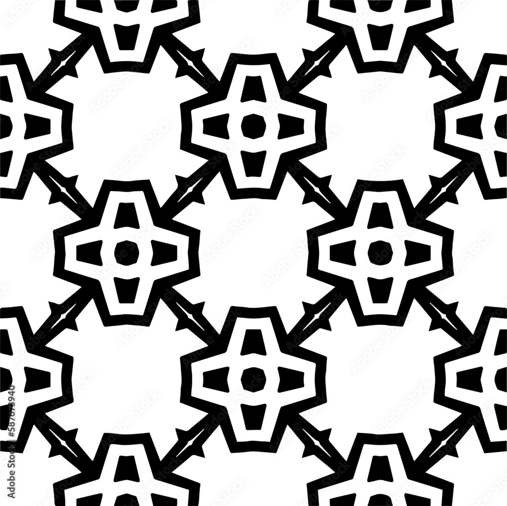 Dark background with abstract shapes. Black and white texture. Seamless monochrome repeating pattern for web page, textures, card, poster, fabric, textile.