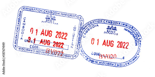 Entry and exit stamps placed in a passport by Cambodia border control officials as part of their immigration control and customs procedures. Isolated rubber stamps for a travel document of a tourist 