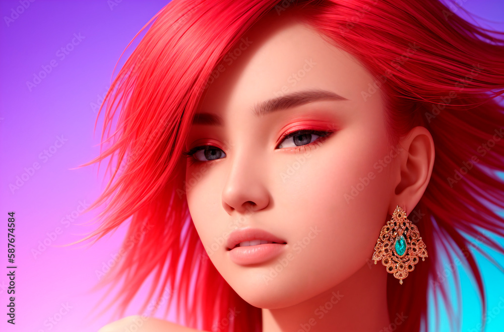 girl with long pink hair and earrings in ears, with a colorful background, is looking at the camera. Generative AI. girl with long pink hair and earrings in ears, with a colorful background, is looking at the camera. Generative AI.