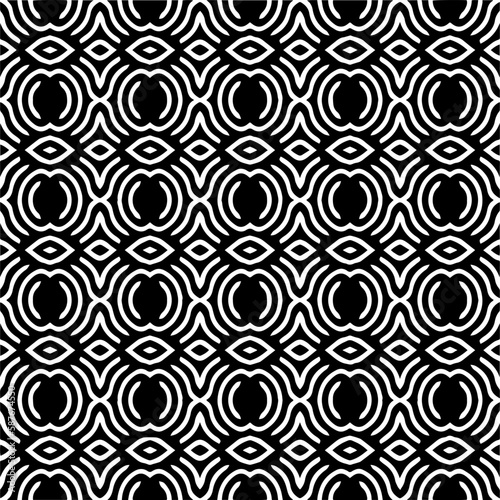 Dark background with abstract shapes. Black and white texture. Seamless monochrome repeating pattern for web page, textures, card, poster, fabric, textile.