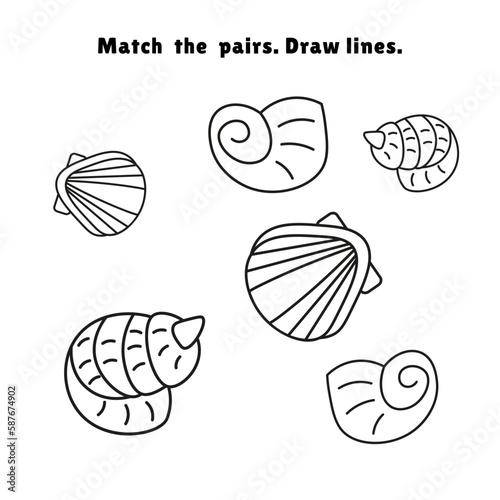 Find pairs. Educational puzzle game for preschoolers. Cute decorative shells. Black and white vector illustration.