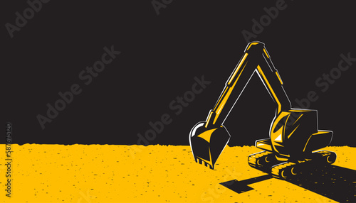 Excavator on ground at construction site.Vector illustration of the industrial machinery for construction business design elements.