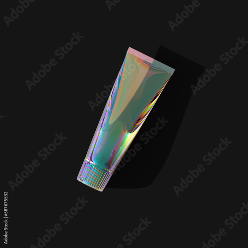 Iridescent cosmetic tube top view isolated with long shadow black background