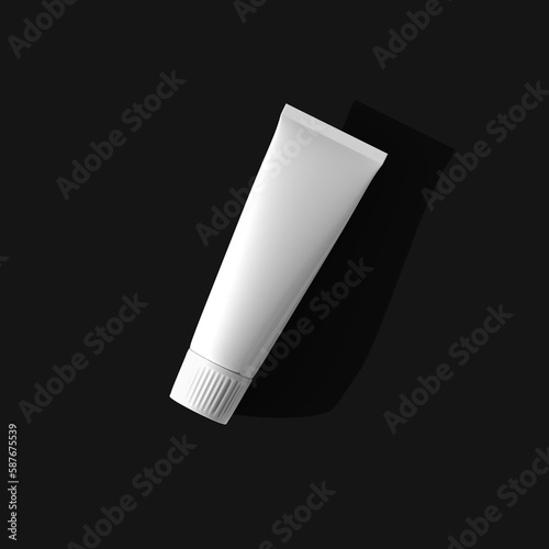 White cosmetic tube top view isolated with long shadow black background