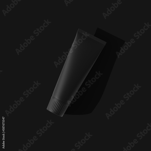 Matte Black cosmetic tube top view isolated with long shadow black background