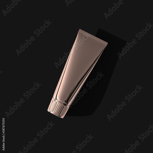 Rose Gold cosmetic tube top view isolated with long shadow black background