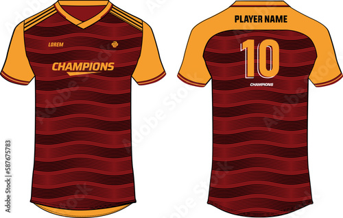 Sports t-shirt jersey design flat sketch vector illustration, wave abstract pattern Football jersey with front and back view for Soccer, Cricket, Volleyball, Rugby, tennis, badminton uniform kit
