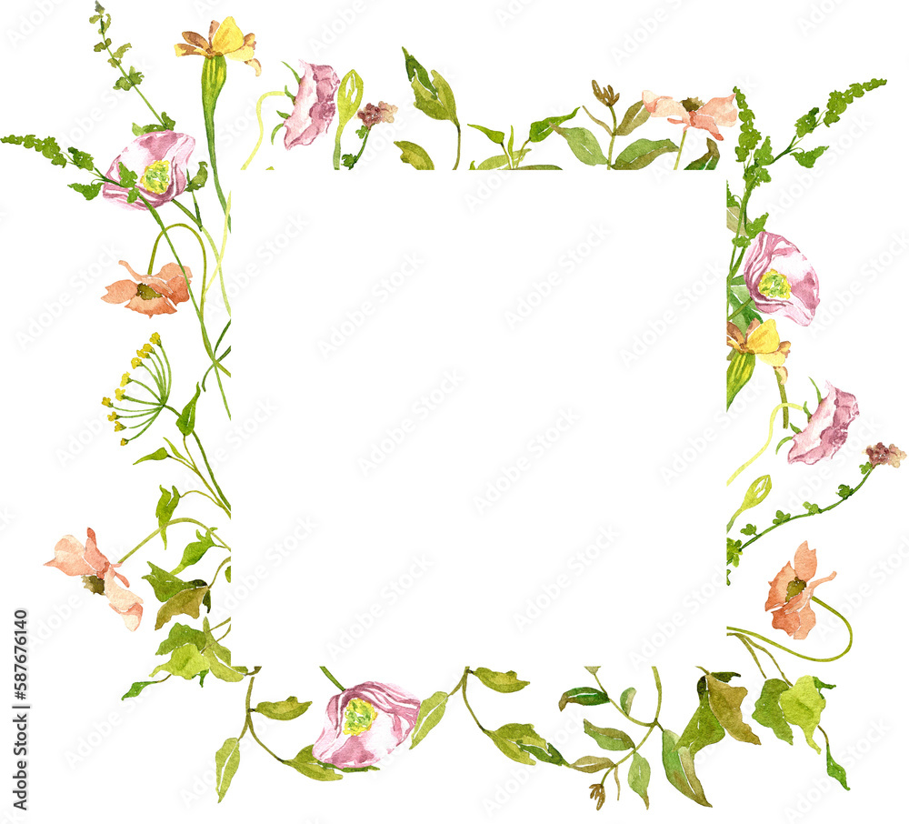 Obraz premium Watercolor wild flower frame on white background, perfect for rustic wedding invitation, save the date, bridal shower, baby shower card, spring wreath, countryside style