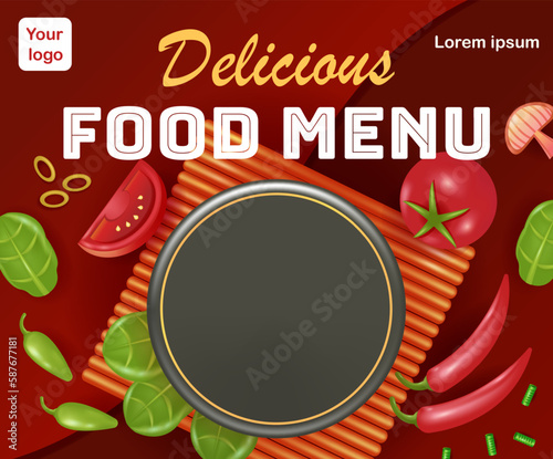 Food social media background. 3d vector mushroom, tomato and chili. Perfect for pizza, barbecue and burgers