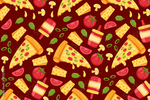 Pizza with mushroom, tomato, cheese and sauce elements seamless pattern