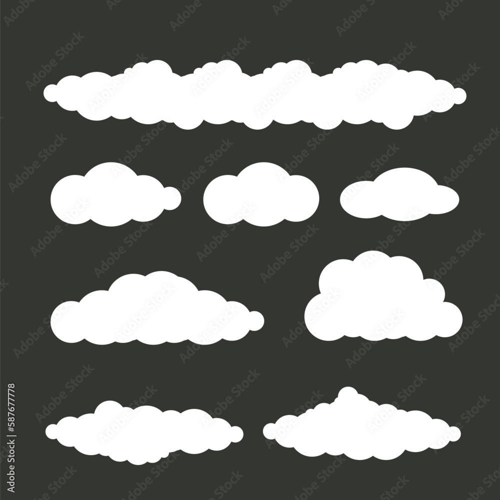 vector white summer clouds set isolated isolated on grey background. Flat sky cloud icon collection. Simple cloud shape clip art vector white summer clouds set isolated isolated on grey background. Flat sky cloud icon collection. Simple cloud shape clip art